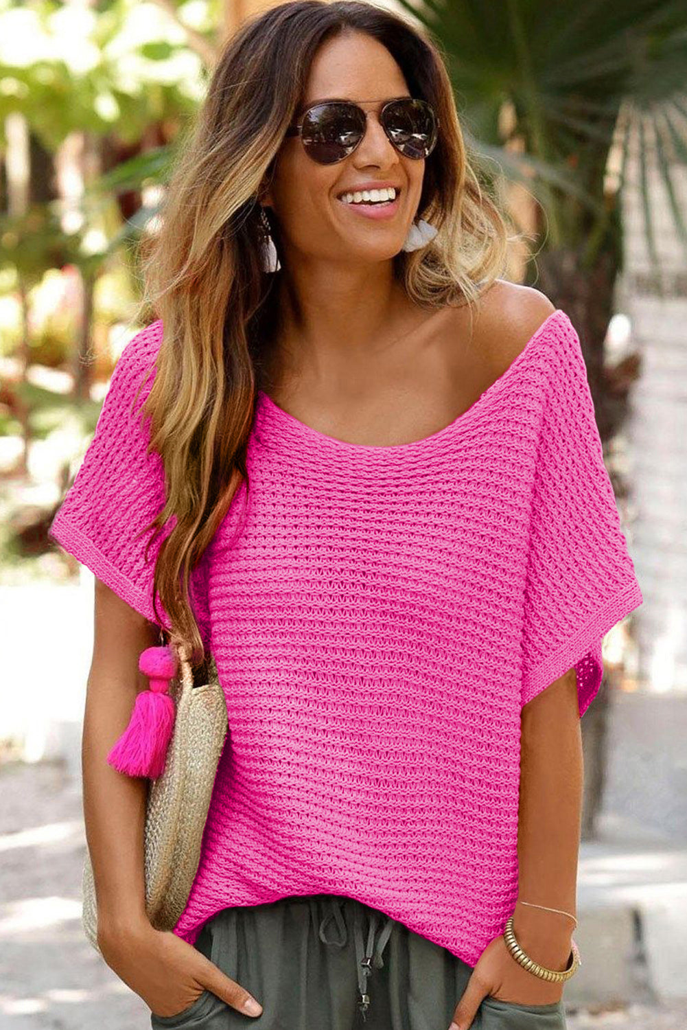 Pink Loose Knit Short Dolman Sleeve Sweater