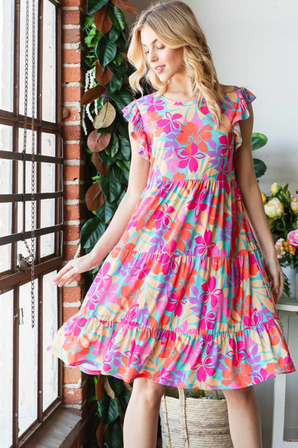 Pre-Order: Heimish Full Size Floral Cap Sleeve Tiered Dress