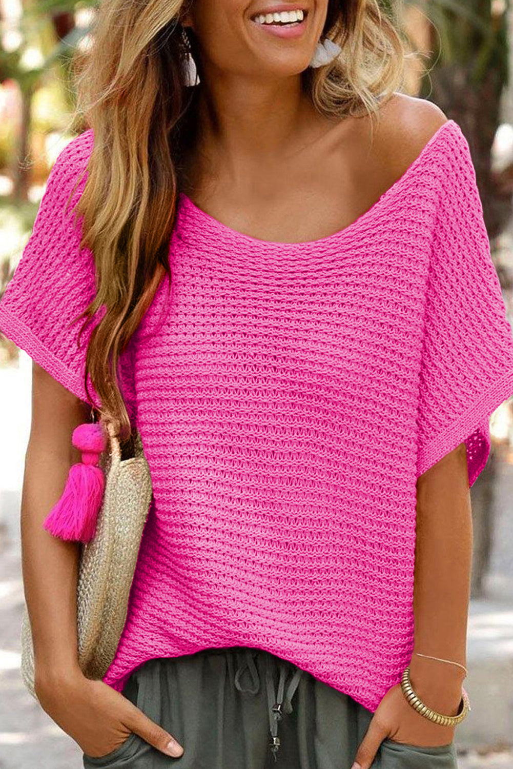 Pink Loose Knit Short Dolman Sleeve Sweater