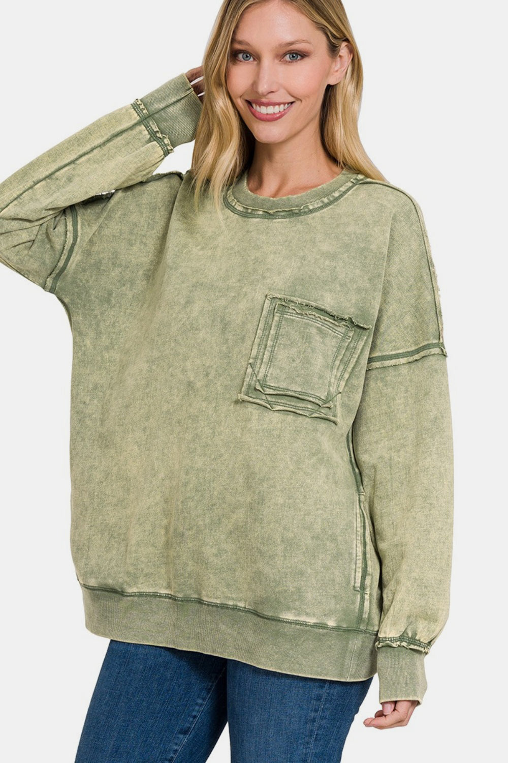 Preorder: Zenana Exposed Seam Round Neck Dropped Shoulder Sweatshirt