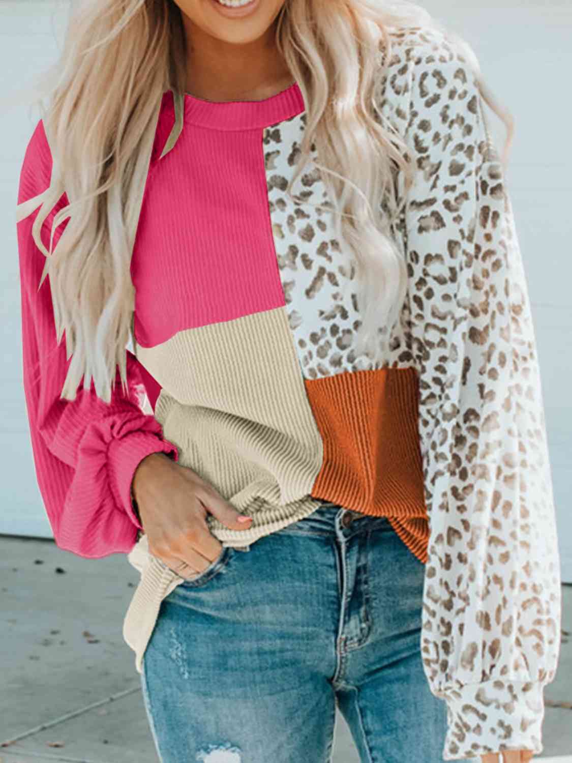 Pre-Order: Color Block Leopard Round Neck Sweatshirt