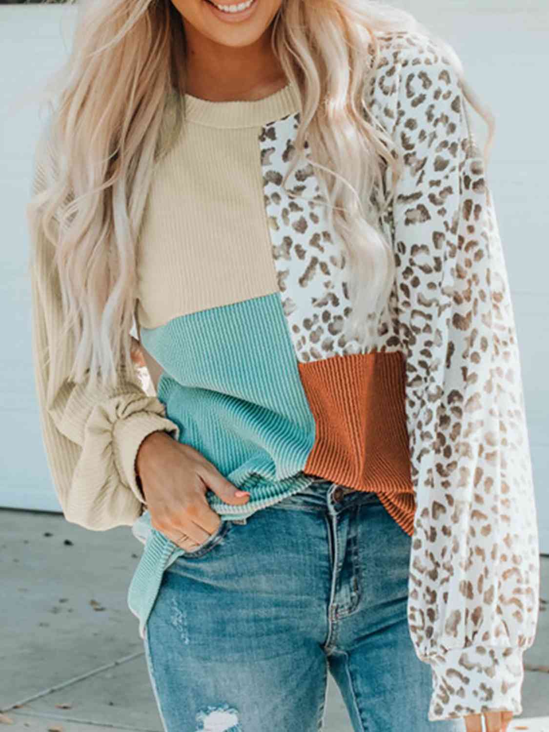 Pre-Order: Color Block Leopard Round Neck Sweatshirt