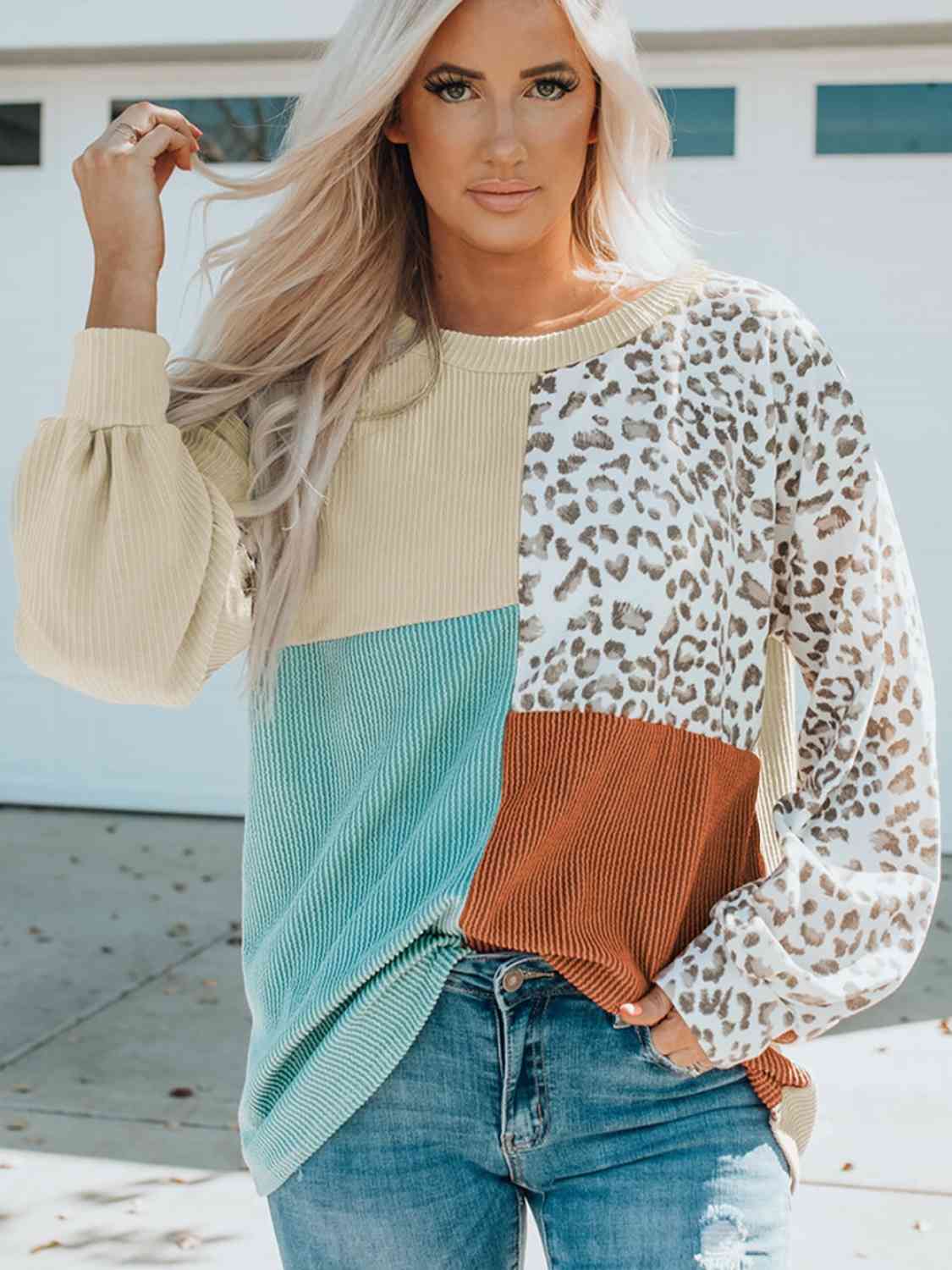 Pre-Order: Color Block Leopard Round Neck Sweatshirt