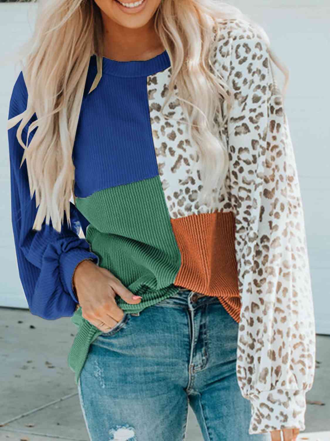Pre-Order: Color Block Leopard Round Neck Sweatshirt